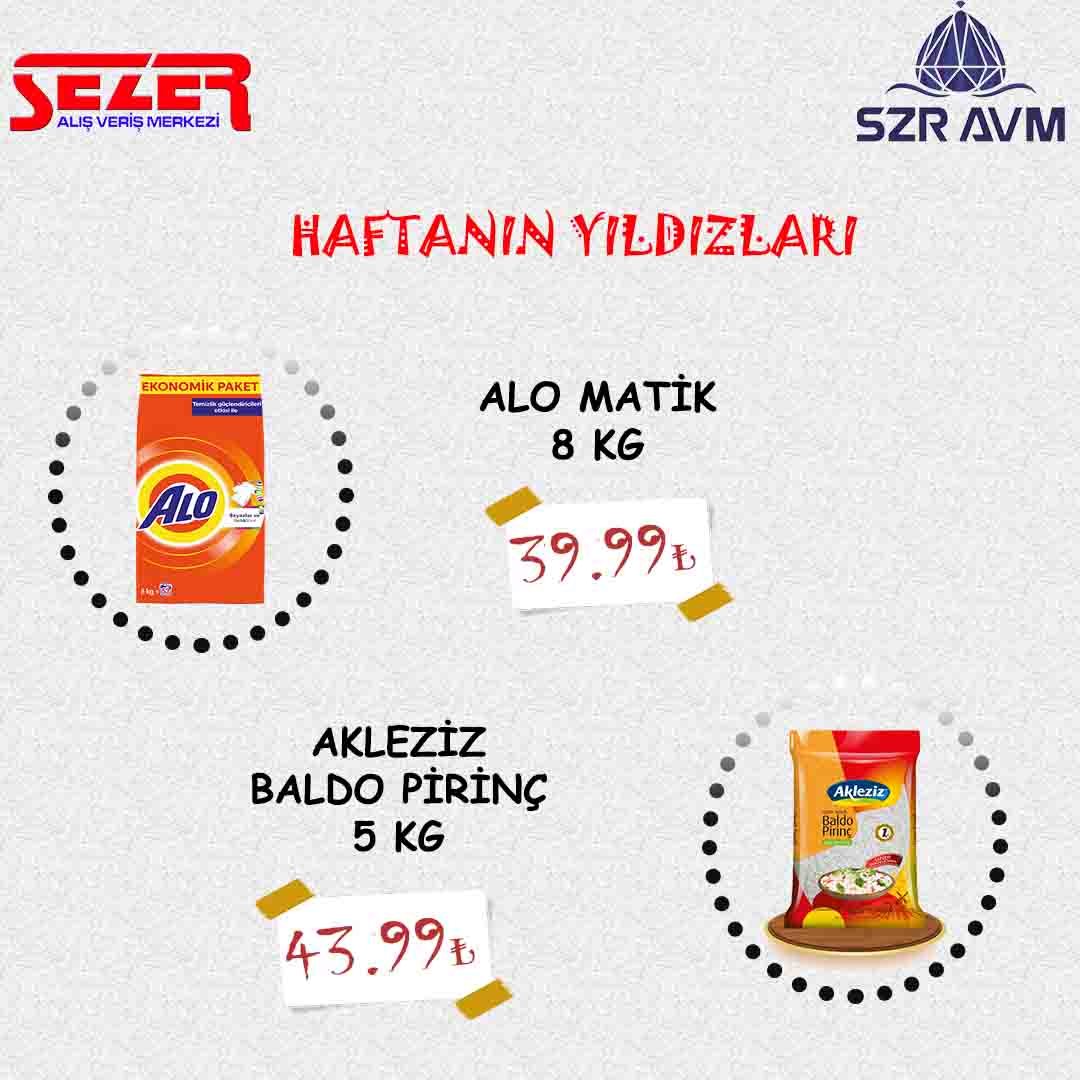<p>**********HAFTANIN ÜRÜNLERİ**********</p>

<p>ALO MATİK 8 KG&nbsp; &nbsp; &nbsp; &nbsp;&nbsp;&nbsp; &nbsp; &nbsp; &nbsp; &nbsp; &nbsp; &nbsp; 31.99₺</p>

<p>AKLEZİZ BALDO&nbsp;5KG&nbsp; &nbsp; &nbsp; &nbsp; &nbsp; &nbsp; &nbsp; 29.99₺</p>

<p>**************************************</p>
