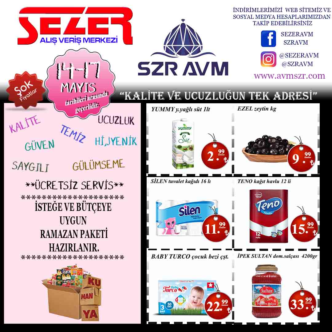 <p><strong>YUMMY SÜT Y.YAĞLI&nbsp; &nbsp; &nbsp; &nbsp; &nbsp; &nbsp; &nbsp; &nbsp; &nbsp; &nbsp; &nbsp; &nbsp; &nbsp; &nbsp; &nbsp; 2.99₺</strong></p>

<p><strong>EZEL ZEYTİN KG&nbsp; &nbsp; &nbsp; &nbsp; &nbsp; &nbsp; &nbsp; &nbsp; &nbsp; &nbsp; &nbsp; &nbsp; &nbsp; &nbsp; &nbsp; &nbsp; &nbsp;&nbsp;&nbsp; &nbsp;9.99₺</strong></p>

<p><strong>SİLEN T.KAĞIDI 16 LI&nbsp; &nbsp; &nbsp; &nbsp; &nbsp; &nbsp; &nbsp; &nbsp; &nbsp; &nbsp; &nbsp; &nbsp; &nbsp; &nbsp;&nbsp; 11.99₺</strong></p>

<p><strong>TENO KAĞIT HAVLU 12 Lİ&nbsp; &nbsp; &nbsp; &nbsp; &nbsp; &nbsp; &nbsp; &nbsp; &nbsp; &nbsp; &nbsp;15.99₺</strong></p>

<p><strong>BABY TURCO ÇOCUK BEZİ ÇŞT.&nbsp; &nbsp; &nbsp; &nbsp; &nbsp;22.99₺</strong></p>

<p><strong>İPEKSULTAN DOM.SALÇASI 4200GR&nbsp; 33.99₺</strong></p>
